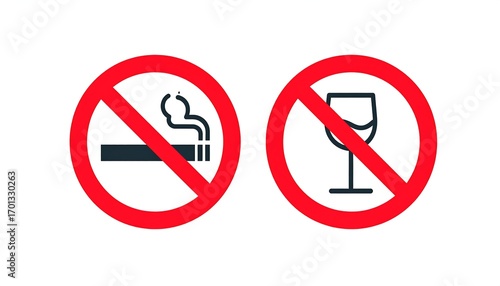 No smoking, no alcohol signs, white background, prohibition
