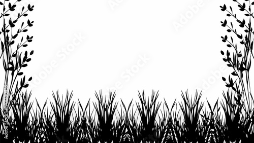 Vector silhouette of grass and leafy branches on both sides framing a blank white space in the center area