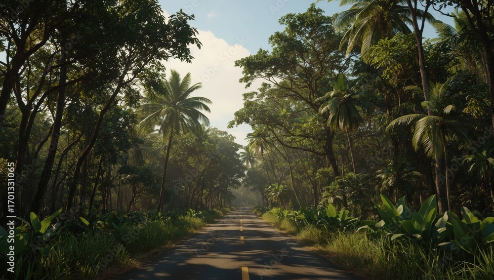 Obraz premium Winding road through dense forest landscape