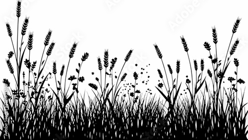 Vector silhouette of wheat and grass field with various plants and flowers creating a natural landscape design