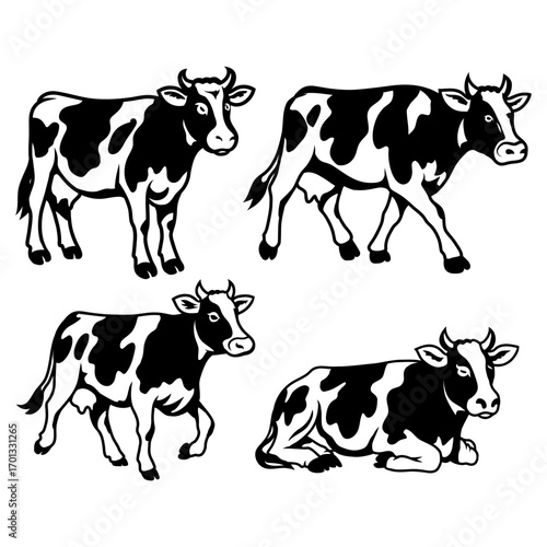 Set of Black and White Cow Vector Illustrations