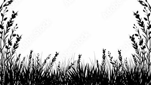 Vector silhouette of grass and plants with leaves on the sides and bottom against a white background landscape view