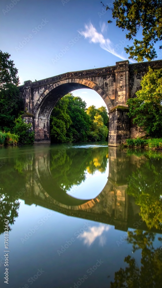 Fototapeta premium Stone arch bridge over river at dawn