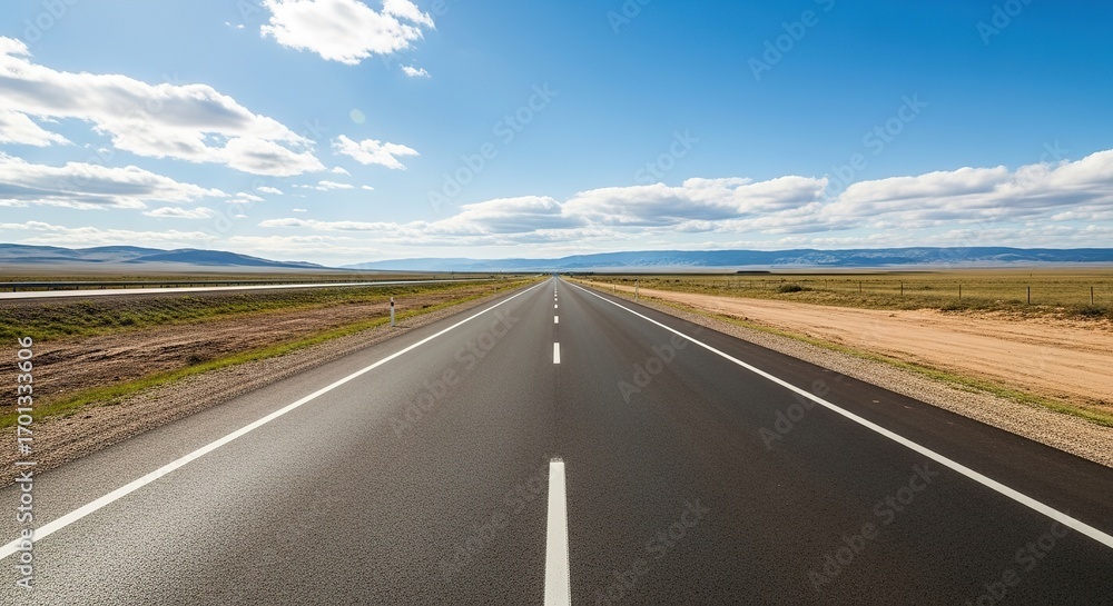 Fototapeta premium Asphalt ribbon stretches to distant mountains under a vast, clou