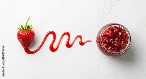 Artistic Flat Lay Showing Journey from Fresh Strawberry to Preserves
