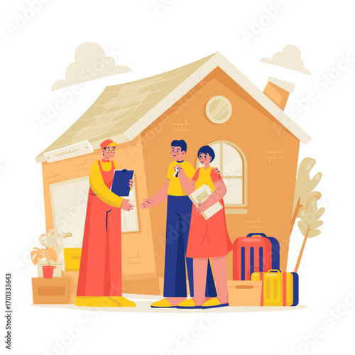 Happy Couple Receiving New House Keys Vector Illustration