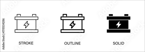 Battery icon for energy storage, EV, electricity, charging, power. Vector stroke, outline and solid icon. Eps10 file.