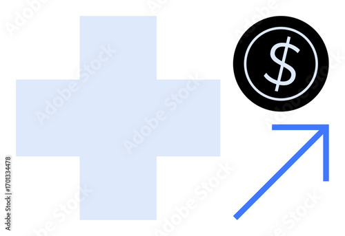 Blue cross next to dollar coin and upward arrow suggests healthcare costs, growth, financial investment, or economic impact. Ideal for finance, insurance, hospitals, data, innovation education