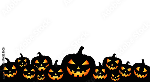 A row of silhouetted jack-o'-lanterns with carved faces against a white background, creating a Halloween border.