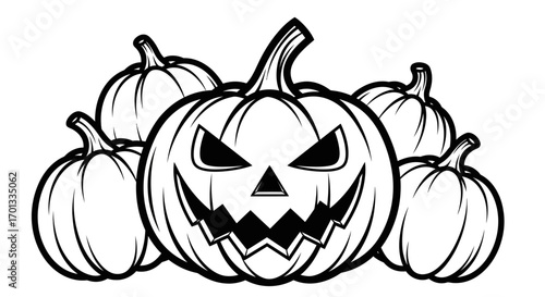 A group of five black and white pumpkins, one with a carved, menacing face, arranged together in a black and white illustration.