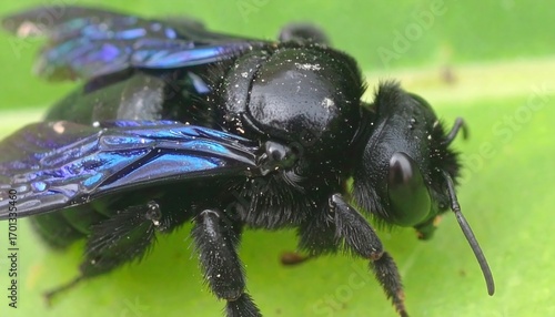 Close-up of a black carpenter bee with iridescent blue wings resting on a vibrant green leaf.