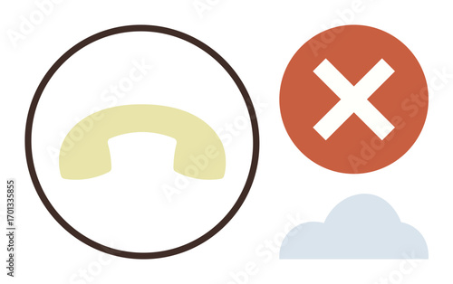Phone handset in circle, red cancel mark, and cloud shape representing communication, call termination, internet, technology issues, disconnection, online services or cloud-based systems. Ideal