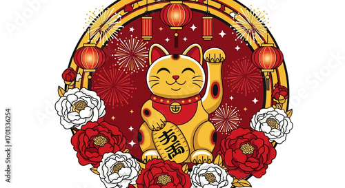 Cheerful Golden Maneki Neko Cat with Lucky Charm and Festive Decorations