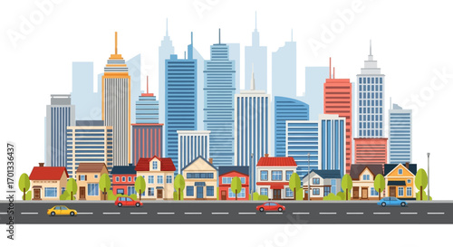 Colorful Cityscape Illustration Depicting Houses, Skyscrapers, and Cars