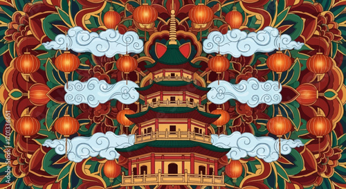 Colorful, Stylized Chinese Pagoda with Lanterns and Clouds