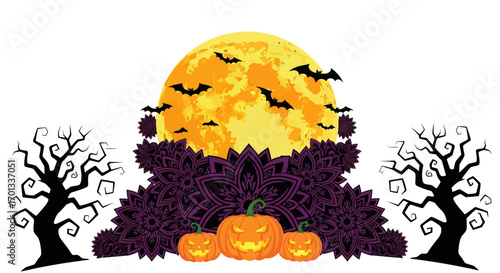 Halloween Decor with Jack-o'-Lanterns, Bats, and Trees