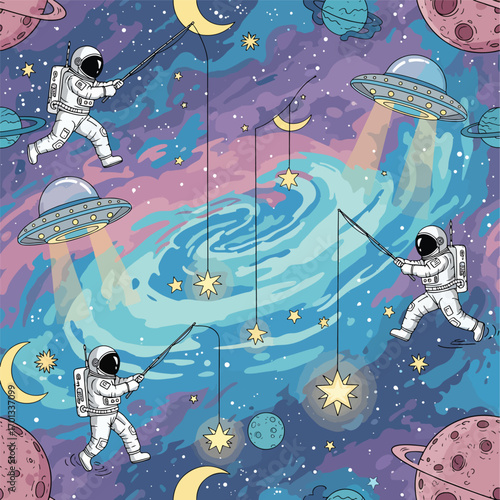 Whimsical space scene featuring astronauts fishing for stars amidst UFOs and planets, seamless pattern, royalty stock.