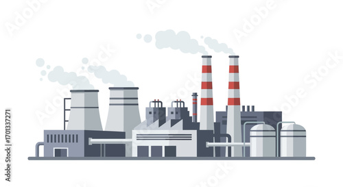 Industrial Complex with Cooling Towers and Striped Smokestacks