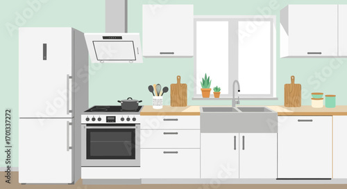 Illustrated Kitchen Interior with Appliances, Cabinets, and Sink