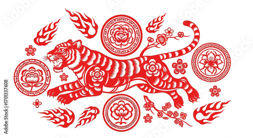 Leaping Red Tiger with Floral and Flame Motifs, Chinese Paper-Cut Style