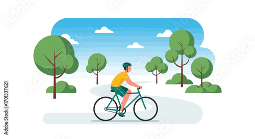 Man Cycling Through Parkland in Flat Style Illustration