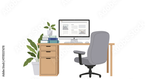 Modern Office Desk with Computer, Chair, and Plants, Illustration.