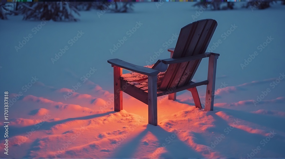 Fototapeta premium Rustic Adirondack Chair Bathed in Golden Light on Snowy Ground