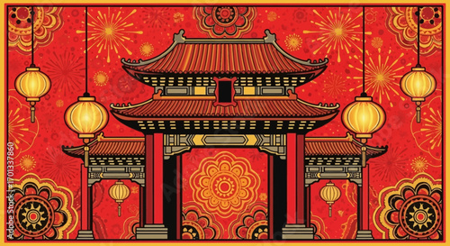 Ornate Chinese Gate with Lanterns, Red Roofs, and Decorative Elements