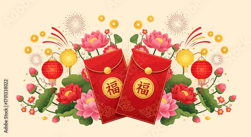 Ornate Chinese New Year arrangement with red envelopes, lotus flowers, lanterns, and coins.