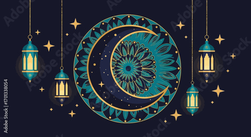 Ornate Crescent Moon Mandala with Hanging Ramadan Lanterns and Stars