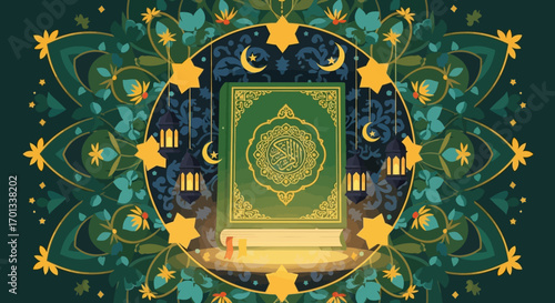 Ornate Green Quran Book with Golden Accents and Intricate Calligraphy