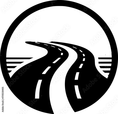 Minimalist black and white vector icon of a road. Simple, modern, scalable design for logos, stickers, or digital use.
