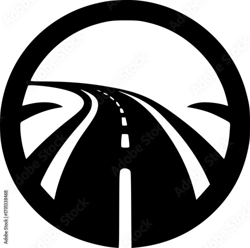 Minimalist black and white vector icon of a road. Simple, modern, scalable design for logos, stickers, or digital use.