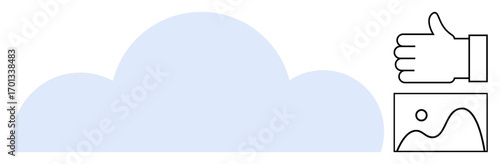 Cloud design with thumbs-up gesture and image gallery representing online storage, approval, and accessibility. Ideal for technology, data sync, cloud storage, approvals, content management, digital