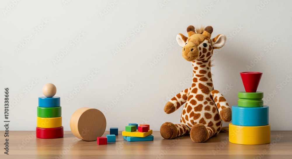 Obraz premium Giraffe toy with stacking blocks and wooden cylinder