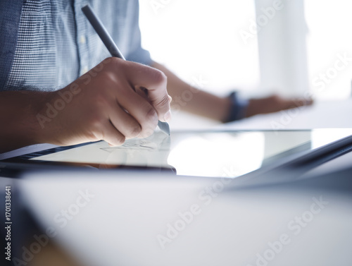 Graphic designer tablet stylus hand sketching editorial photorealistic office workspace creative professional drawing