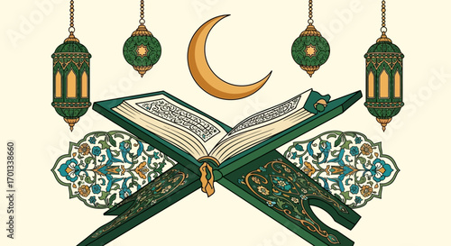 Ornate Quran on Stand with Hanging Lanterns and Crescent Moon