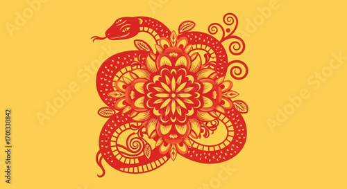 Ornate Red and Gold Snake and Flower Design