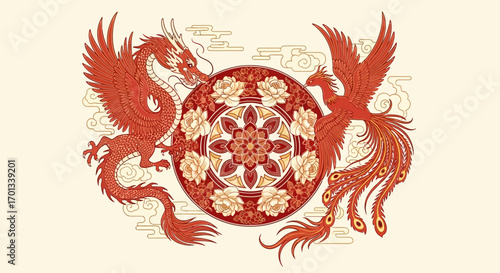 Ornate Red Dragon and Phoenix with Floral Mandala, Asian Mythological Creatures