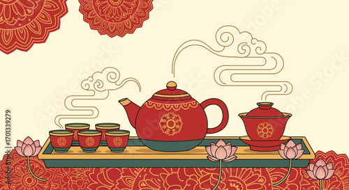 Ornate Red Tea Set with Lotus Flowers on a Tray
