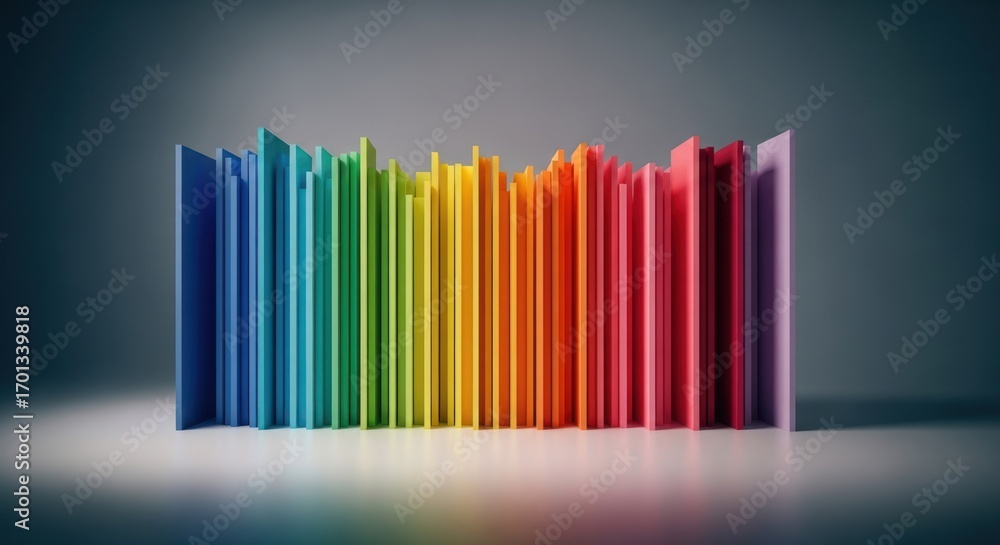 Obraz premium Rainbow array standing colorful, thin sheets casting shadows on white surface