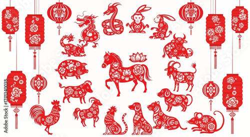 Set of Red Chinese Zodiac Animals and Lanterns with Floral Paper-Cut Style Illustrations