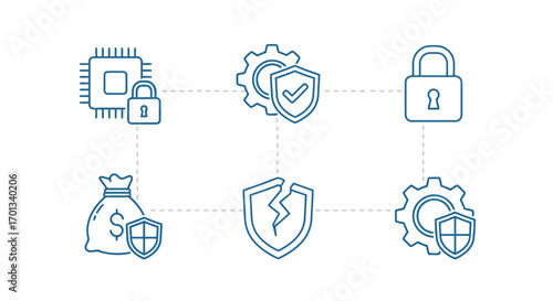 Vector illustration of cybersecurity and data protection icons, including chip, gears, lock, money bag, and broken shield
