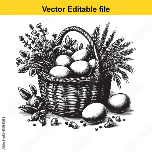Wicker basket filled with eggs, garlic, and wheat, isolated on white background