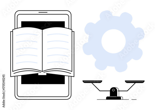 Open book on mobile screen, gear, balance scale representing online education, technology, and decision-making. Ideal for e-learning, innovation, balance, creativity modern education knowledge