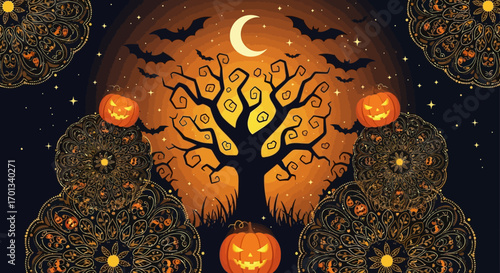 Spooky Halloween Night with Jack-o'-lanterns, Bats, and a Crescent Moon