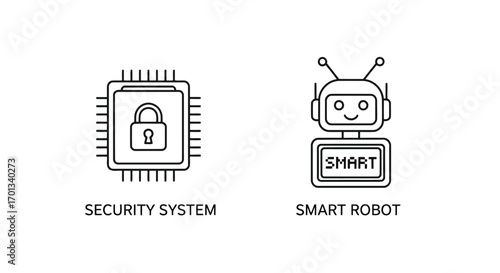 Vector illustration of security system icon with lock and smart robot icon with text smart