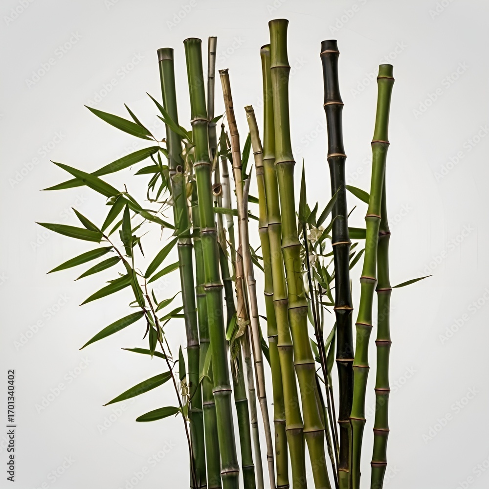Obraz premium Bamboo stalks in geometric arrangement, white background.”