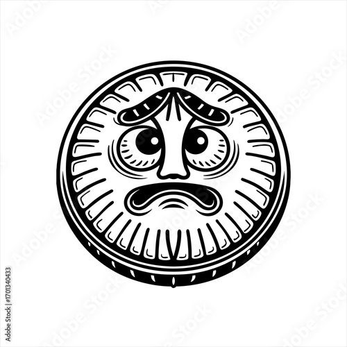 Sad sun face with furrowed brow in black and white