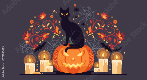Stylized Halloween scene: black cat on jack-o'-lantern, glowing candles, bats, spiders, and autumn leaves.